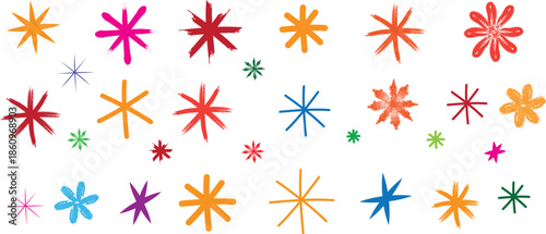 collection of black brush shapes, strokes, abstract pattern of irregular shapes, vibrant  multicolored starburst, array of abstract symbols