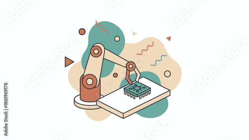 Isometric illustration of a robotic arm placing a microchip on a board.