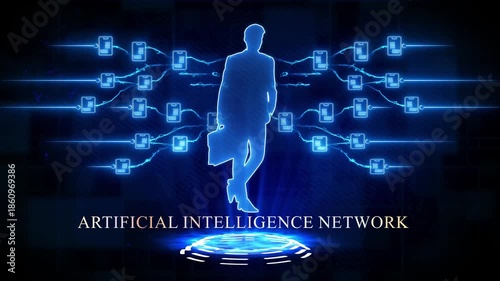 Human figure in an artificial intelligence network with glowing blue connections and nodes silhouette