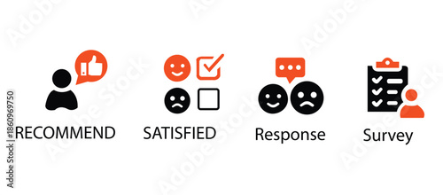 Survey icon set. Containing feedback, opinion, questionnaire, poll, research, data collection, review and satisfaction icons. Solid icon collection. Vector illustration