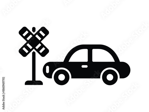 Black silhouette of car and railroad crossing sign isolated on transparent background for safety