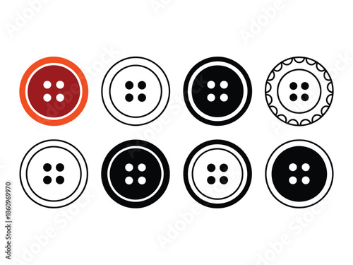 Collection of sewing buttons with different styles and one red button highlighted on transparent background