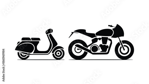 Black silhouette of a vintage scooter and a cafe racer motorcycle side view on transparent background