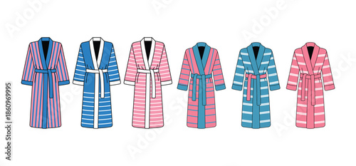 Collection of comfortable striped bathrobes and dressing gowns featuring blue and pink color schemes for hotel spa or home wear vector illustration