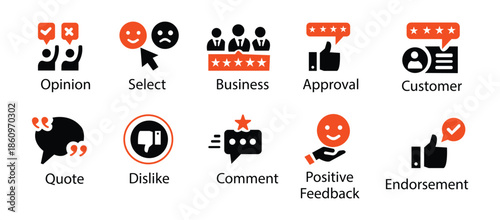 Survey icon set. Containing feedback, opinion, questionnaire, poll, research, data collection, review and satisfaction icons. Solid icon collection. Vector illustration.
