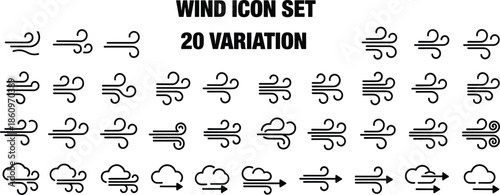 Set of 20 wind icons in various styles and intensities weather variation
