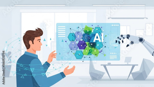 Man interacting with futuristic AI interface in modern office