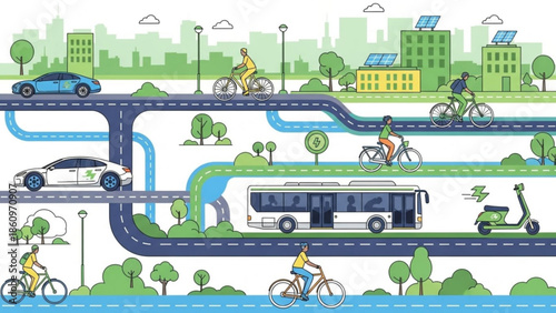 Eco-friendly city transportation with electric vehicles and cyclists