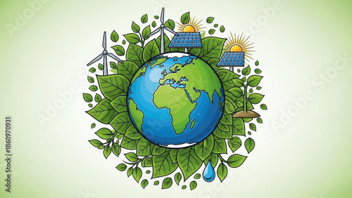 Eco friendly globe with renewable energy sources and lush greenery