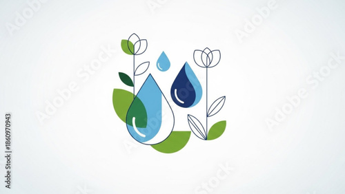 Fresh water droplets on green leaves and flowers