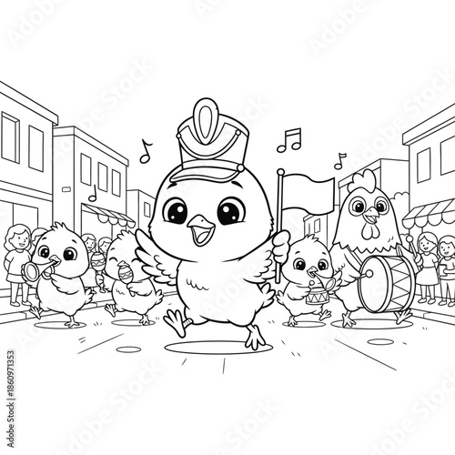 Cute Cartoon Chicks Parade Coloring Page Line Art Illustration, Funny Baby Birds Marching with Musical Instruments, Kids Festival Activity Sheet, Black and White Animal Drawing
