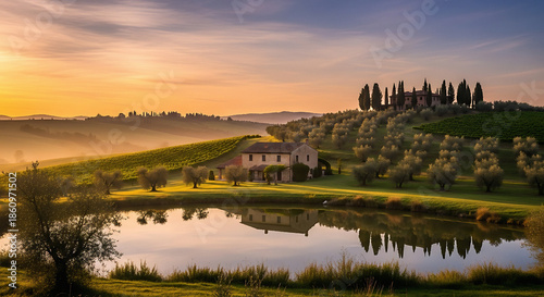 Sunset over countryside with house and lake reflection in Tuscany