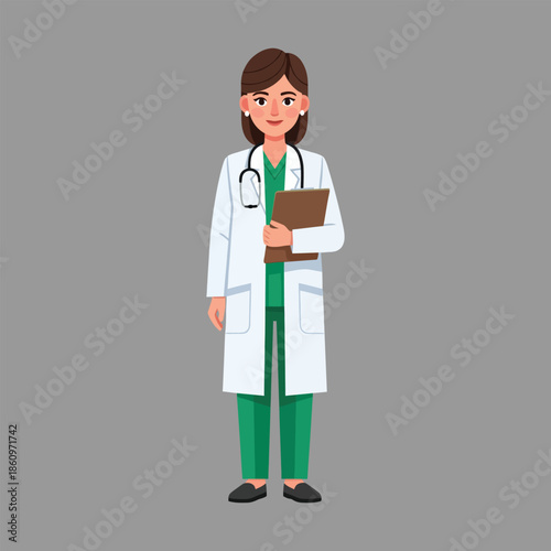 Professional Female Doctor Standing with Clipboard in Medical Uniform Illustration