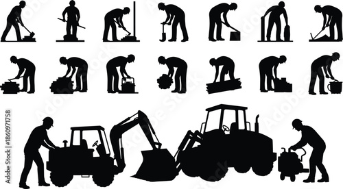 Silhouette construction workers using heavy machinery and hand tools, showcasing industrial labor, teamwork, and building process concepts