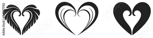 Set of decorative black heart icons with abstract and ornamental shapes. Elegant love symbols isolated on white, suitable for graphic design, branding, Valentine’s Day, wedding, and romantic concepts.