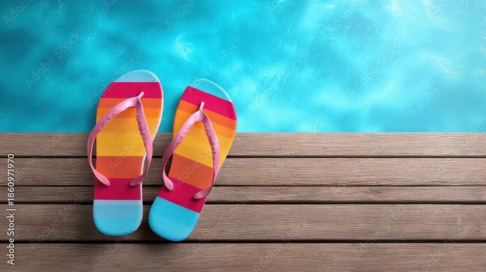 Naklejka premium Vibrant rainbow flip flops beside a serene swimming pool edge