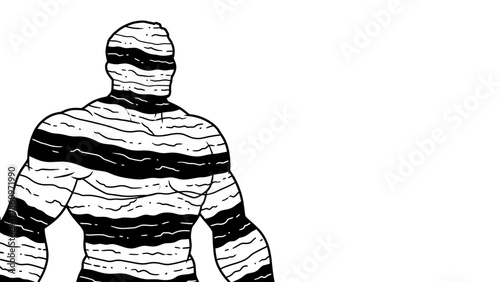 Abstract monochrome illustration of a muscular figure with striped pattern on white background