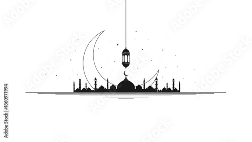 Elegant vector illustration featuring a mosque silhouette with crescent moon and lantern design