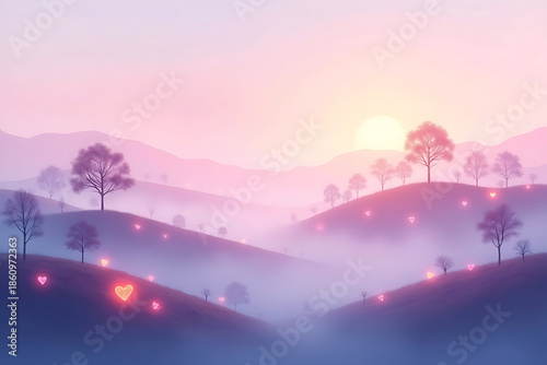 Sunrise over misty hills
