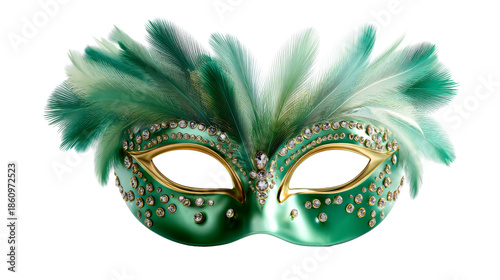 Elegant green masquerade mask adorned with shimmering clear rhinestones and soft fluffy feathers, ideal for enchanting carnival celebrations and luxurious costume events. © Maestro