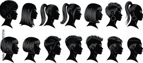 Collection of female hairstyle silhouettes featuring modern, short, long, and trendy haircuts for beauty, fashion, and design concepts