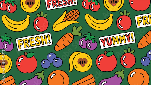 Vibrant fruit pattern with fresh and yummy text on green background
