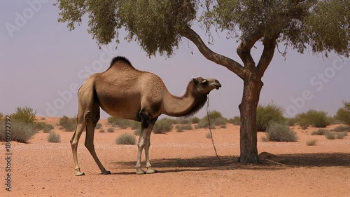A camel grazes beneath a tree in a sparse desert landscape