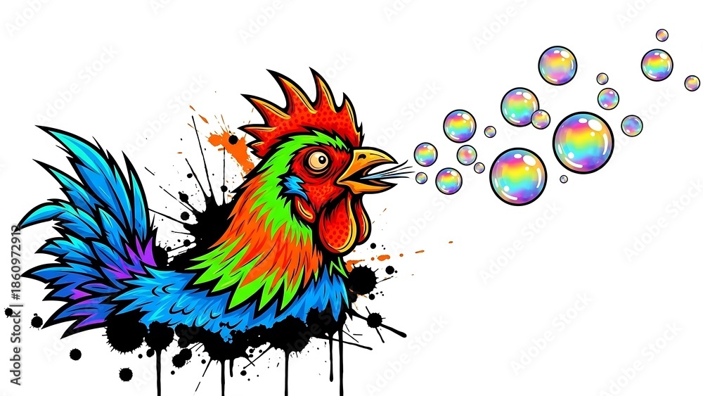 Fototapeta premium Colorful Rooster with Rainbow Bubbles.
