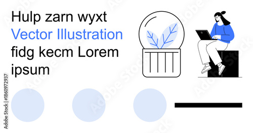 Innovation, technology, education, creativity, productivity, design. A person sits with a laptop next to a plant in a glass dome. Innovation and technology theme explored through modern visuals