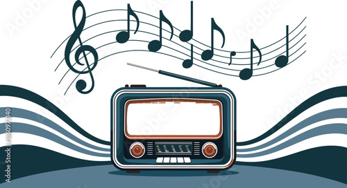 Vintage radio with musical notes and waves on white background