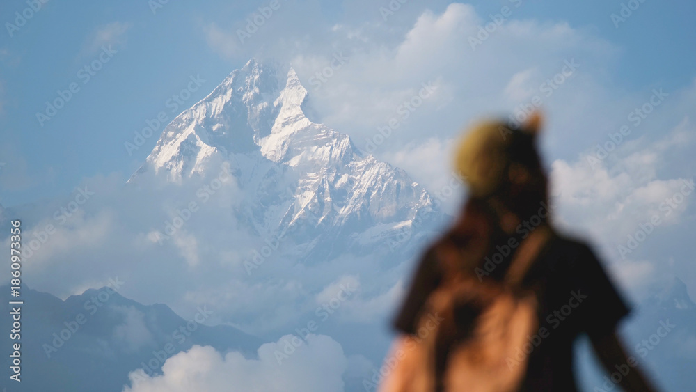 custom made wallpaper toronto digitalBlurred rear view of a woman traveler looking at Machapuchare peak, Annapurna mountain range in Pokhara , Nepal
