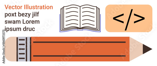 Education, writing, programming, learning, literacy, content creation. Open book, pencil coding symbol. Education and writing concepts highlighted with key tools thumbs up the pencil and book