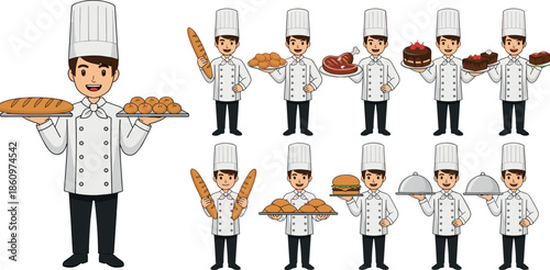 Professional baker character set holding bread pastries cakes desserts food items isolated on white background vector illustration collection