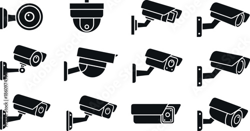 Security camera icon set featuring CCTV surveillance systems monitoring protection technology safety equipment black white vector illustration collection