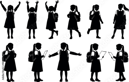 Schoolgirl silhouette pose collection showing student activities with backpack reading walking celebrating education childhood learning illustration set