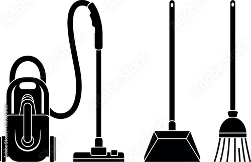 Silhouettes of household cleaning tools including vacuum, broom, dustpan for hygiene and sanitation design - flavector