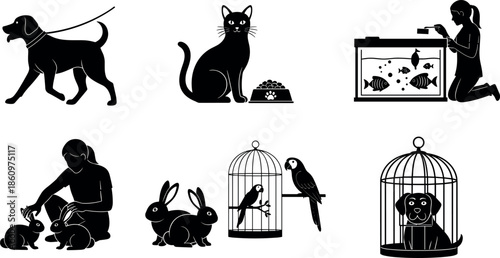Silhouettes of people interacting with pets including dogs, cats, rabbits, birds, and fish - flavector