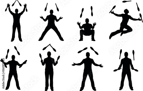 Silhouettes of people juggling clubs in dynamic poses for performance, coordination, and skill design - flavector