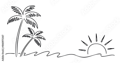 Minimalist black outline drawing of two palm trees on an island and a rising sun above gentle ocean waves, suitable for summer holiday invitations and natureinspired projects