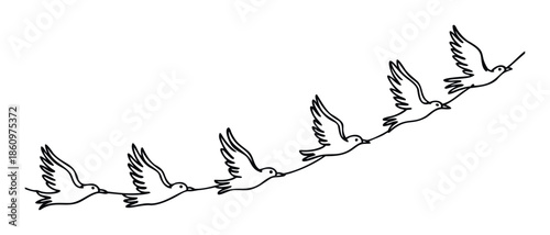 Simple line drawing of seven flying doves connected in a diagonal ascending chain, symbolizing freedom, unity, and progress, suitable for various graphic projects or conceptual communication