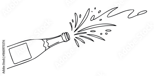 A celebratory black outline drawing of a champagne bottle popping and splashing effervescent liquid and bubbles, perfect for party invitations, New Years Eve promotions, and festive event