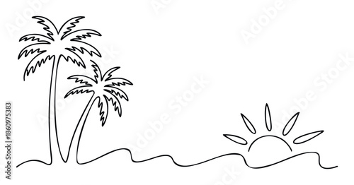 Simple continuous line drawing featuring tropical palm trees and a bright sun rising over a sandy beach, perfect for vacation concepts, summer themes, or minimalist travel promotions.