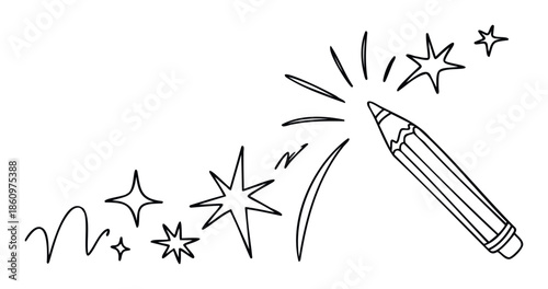 Pencil drawing energetic lines and stars symbolizing innovative thinking and inspiration, perfect for educational materials, office supplies promotions, or expressive project themes.