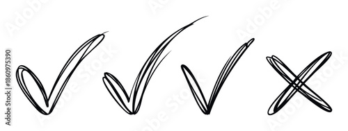 Graphic collection of grunge style doodle check mark and X mark signs perfect for checklists, polls, or casual feedback indicators in various media applications.