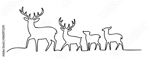 Elegant single line depiction of a deer family with a stately stag, a graceful doe, and playful fawns, representing wildlife bonds and natural harmony for various graphic compositions.