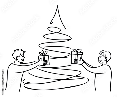 Two happy men exchange gift boxes around a stylized Christmas tree made of a continuous spiral line, conveying friendship and holiday spirit for celebration events and festive greeting