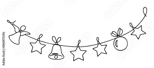 Continuous line drawing of a festive Christmas garland featuring an angel, stars, a bell, and a bauble, ideal for holiday greeting cards, seasonal decorations, and celebration banners