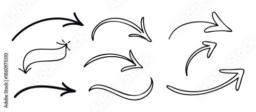 Dynamic collection of handdrawn arrow symbols offering diverse directional indicators for presentations, infographics, user interfaces, or visual communication projects
