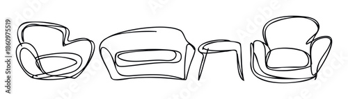 Abstract continuous line drawing of various home furniture pieces including chairs, a sofa, and a table suitable for interior design themes and modern graphic projects