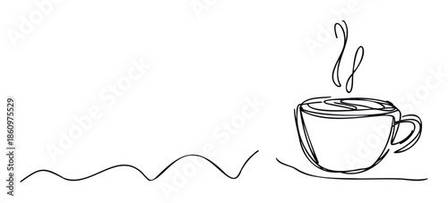 Simple continuous line drawing of a steaming hot beverage cup for minimalist branding, cafe menu visuals, or warm drink themed promotional materials.